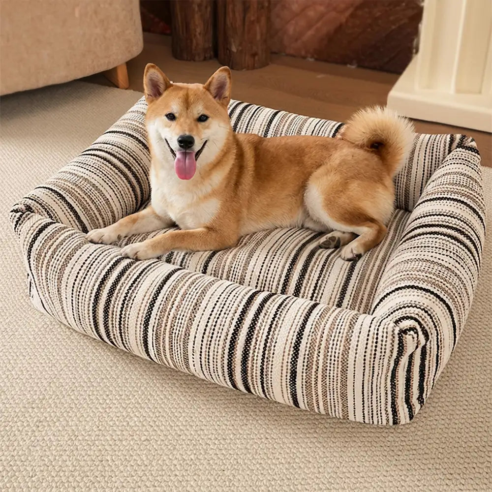 Striped Chenille Scratch-Resistant Breathable Neck Support Dog Square Bed