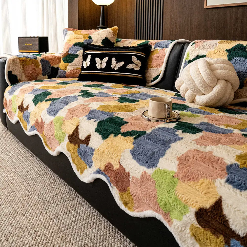 Stylish Color-Blocked Faux Rabbit Fur Soft Non-Slip Irregularly Shaped Couch Cover