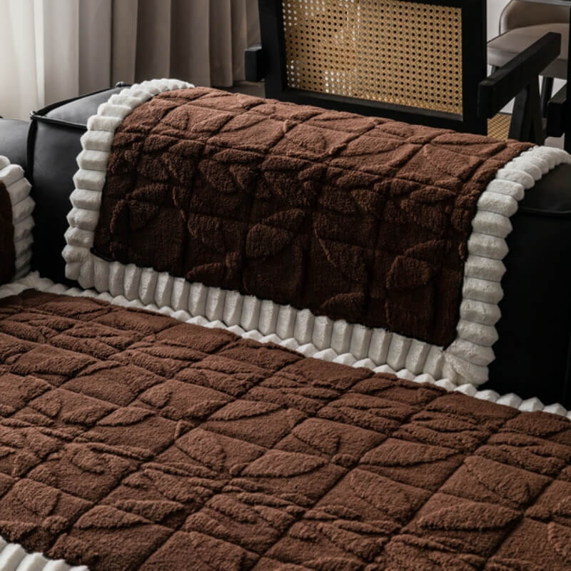 Thickened Short Plush Leaf Pattern Scratch Resistant Non-Slip Couch Cover