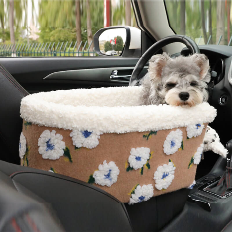 Flower Wool Fleece Dog Car Safety Seat Central Console Pet Car Seat - FUNNYFUZZY